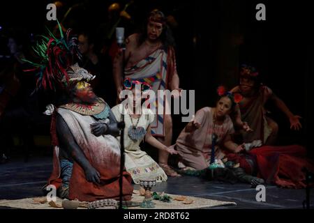 Act of the Epic Opera Cuitlahuatzin during its premiere at the Palacio de Bellas Artes in Mexico City, on july 17, 2023, which represents an opera in the Nahuatl language about the life of Cuitlahuac, warrior, tlahtoani of Iztapalapa and Mexico Tenochtitlan, symbol of struggle and resistance of the Mexica people and of freedom. More than 150 artists on stage recreated passages from the life of the only Mexica hero who defeated the Spaniards during the indigenous resistance on that victorious night of 30 June 1520. (Photo by Gerardo Vieyra/NurPhoto) Stock Photo