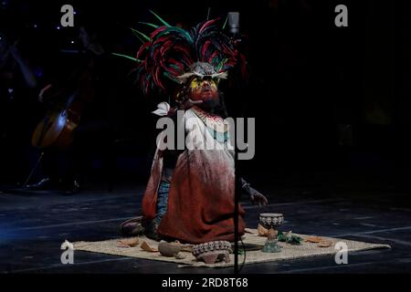 Act of the Epic Opera Cuitlahuatzin during its premiere at the Palacio de Bellas Artes in Mexico City, on july 17, 2023, which represents an opera in the Nahuatl language about the life of Cuitlahuac, warrior, tlahtoani of Iztapalapa and Mexico Tenochtitlan, symbol of struggle and resistance of the Mexica people and of freedom. More than 150 artists on stage recreated passages from the life of the only Mexica hero who defeated the Spaniards during the indigenous resistance on that victorious night of 30 June 1520. (Photo by Gerardo Vieyra/NurPhoto)0 Stock Photo