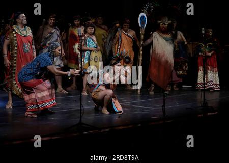 Act of the Epic Opera Cuitlahuatzin during its premiere at the Palacio de Bellas Artes in Mexico City, on july 17, 2023, which represents an opera in the Nahuatl language about the life of Cuitlahuac, warrior, tlahtoani of Iztapalapa and Mexico Tenochtitlan, symbol of struggle and resistance of the Mexica people and of freedom. More than 150 artists on stage recreated passages from the life of the only Mexica hero who defeated the Spaniards during the indigenous resistance on that victorious night of 30 June 1520. (Photo by Gerardo Vieyra/NurPhoto) Stock Photo