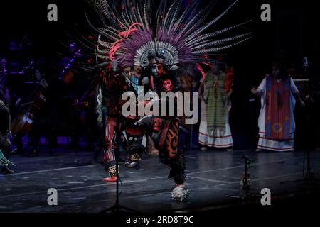 Act of the Epic Opera Cuitlahuatzin during its premiere at the Palacio de Bellas Artes in Mexico City, on july 17, 2023, which represents an opera in the Nahuatl language about the life of Cuitlahuac, warrior, tlahtoani of Iztapalapa and Mexico Tenochtitlan, symbol of struggle and resistance of the Mexica people and of freedom. More than 150 artists on stage recreated passages from the life of the only Mexica hero who defeated the Spaniards during the indigenous resistance on that victorious night of 30 June 1520. (Photo by Gerardo Vieyra/NurPhoto) Stock Photo