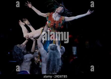 Act of the Epic Opera Cuitlahuatzin during its premiere at the Palacio de Bellas Artes in Mexico City, on july 17, 2023, which represents an opera in the Nahuatl language about the life of Cuitlahuac, warrior, tlahtoani of Iztapalapa and Mexico Tenochtitlan, symbol of struggle and resistance of the Mexica people and of freedom. More than 150 artists on stage recreated passages from the life of the only Mexica hero who defeated the Spaniards during the indigenous resistance on that victorious night of 30 June 1520. (Photo by Gerardo Vieyra/NurPhoto)0 Stock Photo