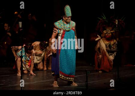 Act of the Epic Opera Cuitlahuatzin during its premiere at the Palacio de Bellas Artes in Mexico City, on july 17, 2023, which represents an opera in the Nahuatl language about the life of Cuitlahuac, warrior, tlahtoani of Iztapalapa and Mexico Tenochtitlan, symbol of struggle and resistance of the Mexica people and of freedom. More than 150 artists on stage recreated passages from the life of the only Mexica hero who defeated the Spaniards during the indigenous resistance on that victorious night of 30 June 1520. (Photo by Gerardo Vieyra/NurPhoto) Stock Photo