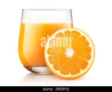 Orange juice in a glass and slice of orange fruit, isolated on white background Stock Photo