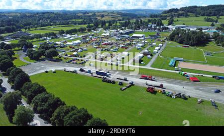 Builth Wells, Wales, UK. 19th July 2023. Preparations for the 102nd Royal Welsh Show, the UK's largest agricultural show are seen underway at the showground in Llanelwedd, Builth Wells. The event features four-days of livestock and equine competitions, with people travelling from across the UK to compete. The show takes place from Monday 24th July to Thursday 27th July and includes displays of agricultural equipment, forestry, horticulture, crafts, countryside sports and numerous arena shows. G.P.Essex/ Alamy Live News Stock Photo