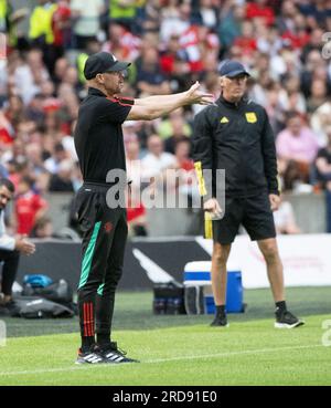 Edinburgh, UK. 19th July, 2023. Pre season friendly - Manchester United FC v Olympique Lyonnais 19/7/2023. Manchester United manager, Erik ten Hag, and Olympique Lyon manager, Laurent Blanc, during the match as Manchester United take on Olympique Lyonnais in a pre season friendly at Murrayfield Stadium, Edinburgh, Scotland, UK Credit: Ian Jacobs/Alamy Live News Stock Photo