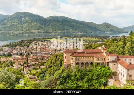 City view from the Santuario della Madonna del Sasso at Locarno and Lago Maggiore, Ticino, Switzerland Stock Photo