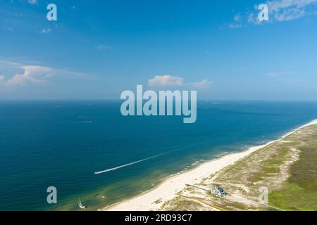 Aerial view of a boat and the beach at Fort Morgan, Alabama Stock Photo