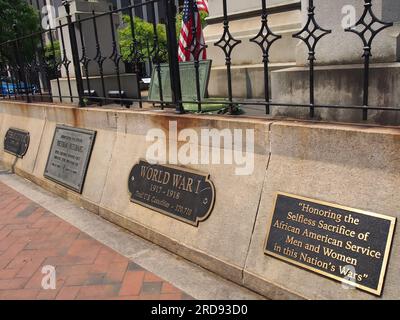 Soldiers and Sailors Memorial base at Penn Square in Lancaster, Pennsylvania, June 5, 2023, © Katharine Andriotis Stock Photo