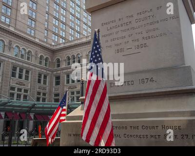 Soldiers and Sailors Memorial detail at Penn Square in Lancaster, Pennsylvania, June 5, 2023, © Katharine Andriotis Stock Photo