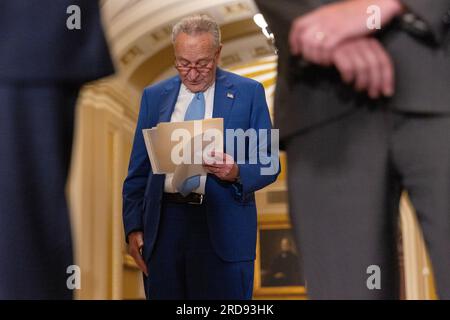 Senate Majority Leader Chuck Schumer speaks following policy luncheons outside the Senate Chambers of the U.S. Capitol, on July 19, 2023 in Washington, DC. Schumer spoke about Israel President Herzog’s visit and the looming indictment of former President Trump. (Photo by Aaron Schwartz) Stock Photo