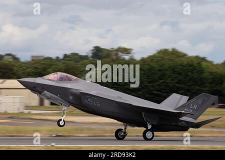 USAF F-35A Lightning II arriving at the Royal International Air Tattoo 2023. Stock Photo