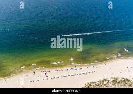 Aerial view of a boat and the beach at Fort Morgan, Alabama Stock Photo