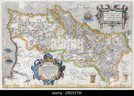 1579 Abraham Ortelius map of the Kingdom of Portugal. Follows the extremely rare two sheet Alavaraz Secco map published by Michele Tramezzino in 1561. North oriented to the right. Sea decorated with monsters and sailing ships. Bottom right features two hand drawn heraldic emblems. Features two elaborate cartouches in the top right and bottom left. Top right cartouche contains the map title in Latin, translated above. Bottom left cartouche include the following roughly translated text: Achilles Statius salutes Guido Ascanius Sfortia, S.R.E. Card. Camer. With dedication the Lusitania of Vernandu Stock Photo