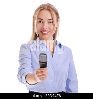 Female journalist with microphone on white background Stock Photo