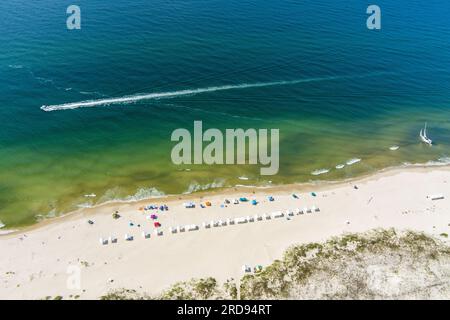 Aerial view of a boat and the beach at Fort Morgan, Alabama Stock Photo