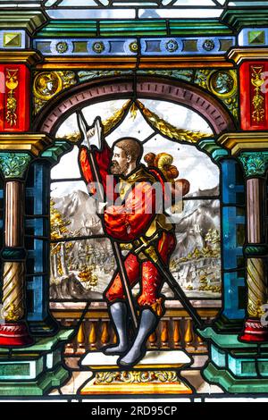 Stained glass window of the Small Armoury Room close-up, Peles Castle, Sinaia, Romania Stock Photo