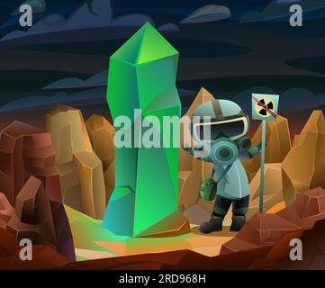 no radiation. man in gas mask on unknown planet or in mountains. Huge crystal. Fantasy landscape. Vector Stock Vector