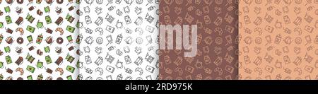 set of coffee seamless pattern, vector background in different colors. Cute drinks, hot drinks flat line icons - croissants, beans, cup, coffee grinde Stock Vector