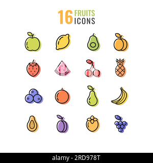 Simple set of fruit related vector line icons. Contains such icons as strawberry, orange, watermelon and others. vector illustration isolated on white Stock Vector