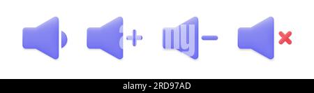 set of 3d volume control icons in minimalistic cartoon style. volume and mute buttons. loudspeaker vector illustration isolated on white background. Stock Vector