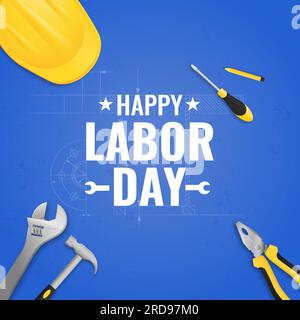labor day promotion banner or poster template. vector illustration with construction tools. labor day celebration concept. Stock Vector