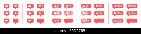 Social media notification flat icons set. Like, comment, subscribe and view buttons. Vector bubble icons of different sizes for social networks isolat Stock Vector