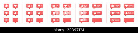 Set of realistic glossy 3d social media notification icons. Like, comment, subscribe and view buttons. Vector bubble icons in different sizes for soci Stock Vector
