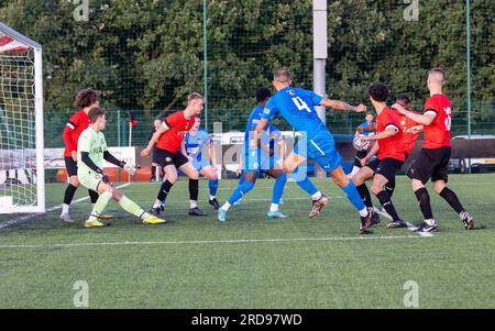 Warrington Rylands players attack the goal of Stockport Town at Stockport Sports Village on a 3G pitch Stock Photo