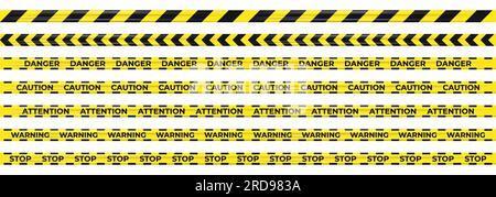 realistic yellow warning tape with black stripes and inscriptions warning, caution,danger, attention,stop. vector illustration isolated on white backg Stock Vector