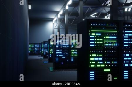 Data center with multiple rows of fully operational server racks Stock ...