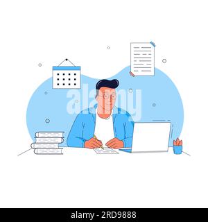 online learning vector illustration. the guy gets an education at home using a laptop. The concept of online learning at home, online test, distance l Stock Vector