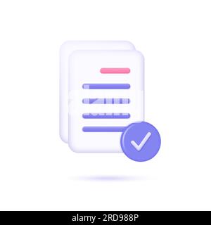 3d document icon and a check mark in the corner. concept of approval, execution or signature. vector illustration isolated on white background. Stock Vector