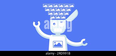 Funny AI learning illustration. Robot illustration. Stock Vector