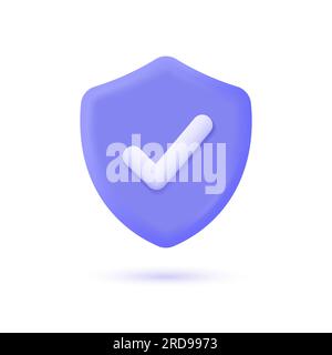 3d shield and check mark icon in minimalistic cartoon style. safety and security concept. vector illustration isolated on white background. Stock Vector