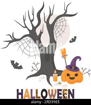 Halloween. Pumpkin jack lantern in witch hat with broom and candle with bats under Spooky tree with cobwebs. Vector illustration in cartoon flat style Stock Vector