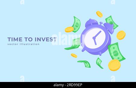 3d alarm clock, gold coins and dollar banknotes in flight. realistic vector illustration. the concept of money management, payment for purchases, loan Stock Vector