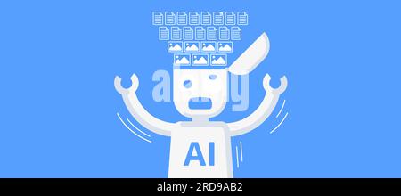 Funny illustration of AI learning. Uploading information to the robot's head. Awkward looking robot. Vector illustration Stock Vector