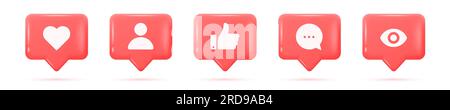 Set of realistic glossy 3d social media notification icons. Like, comment, subscribe and view buttons. Vector bubble icons for social networks isolate Stock Vector