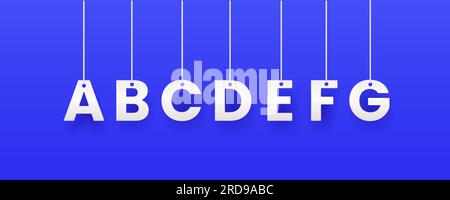 White letters hanging on ropes or threads on blue isolated background. Hanging abc. Bold sans letters on the ropes. Vector illustration Stock Vector