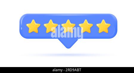 five yellow 3d stars in a realistic style. shiny, glossy stars. the concept of a rating or rating for reviews of a product or service. vector illustra Stock Vector