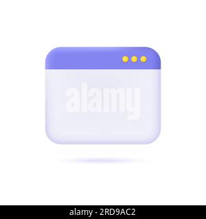 3d browser blank page icon, site border, notification page interface. 3d cartoon style element for design. vector illustration isolated on white backg Stock Vector