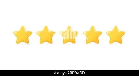 five yellow 3d stars in a realistic style. shiny, glossy stars. the concept of a rating or rating for reviews of a product or service. vector illustra Stock Vector