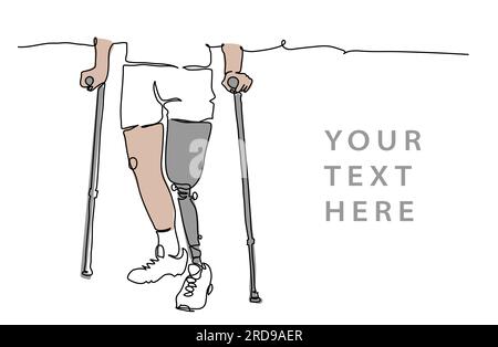 Person with prosthetic leg, artificial foot, limb use crutches. One continuous line art drawing of person below the waist with prosthesis. Simple Stock Vector
