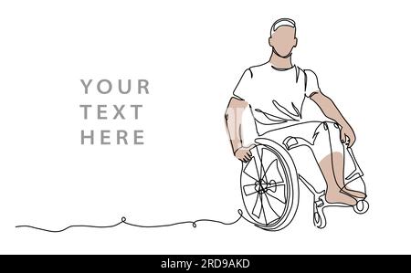 Man is sitting in a wheelchair on a white background. One continuous line art drawing. Simple vector illustration of young wheelchair man Stock Vector