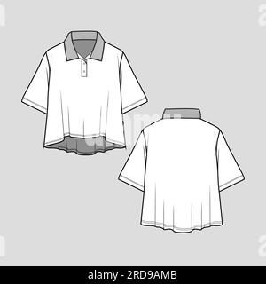 Women Polo Crop t shirt top short sleeve dip hem top flat sketch drawing template Stock Vector