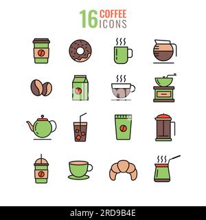 Simple set of coffee related vector line icons. Contains such icons as Turk, cup, beans, donut, croissant. vector illustration isolated on white backg Stock Vector