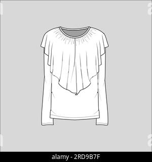 Womens Fashion neck ruffles long sleeve crew neck t-shirt top blouse flat sketch technical drawing vector design Stock Vector