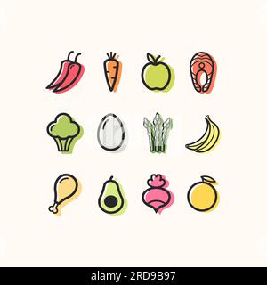 set of linear icons of vegetables, meat and fruits for a healthy diet. vector illustration in a minimalism style. Stock Vector