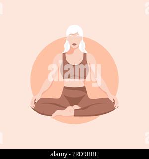girl sitting in the lotus position. illustration of characters in flat style. the concept of yoga, relaxation, self-awareness. vector template.illustr Stock Vector