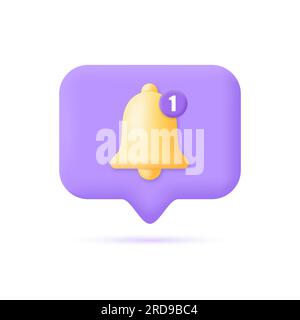 3d Notification bell icon.Yellow bell with one new notification for social media reminder. vector illustration isolated on white background. Stock Vector